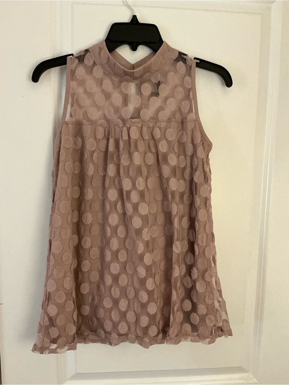 Luna Rae Mauve Polka Dot Mesh Overlay Tank Top High Mock Neck Size S Blouse